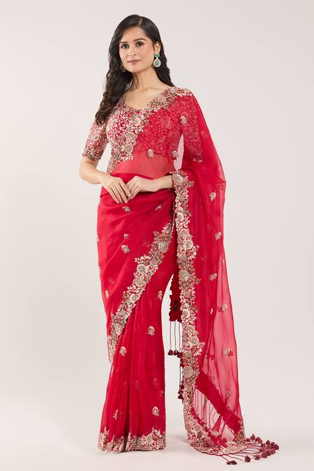 Shop Prisho Red Chiffon, Cotton Embroidery, Beads Round Neck Floral Thread Saree Set Online at Aza Fashions Shop_Prisho_Red Chiffon, Cotton Embroidery, Beads Round Neck Floral Thread Saree Set _Online_at_Aza_Fashions