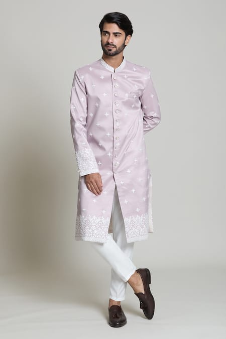 Shop_Arihant Rai Sinha_White , Satin Sequins, Embroidery Pink Sherwani Set _Online_at_Aza_Fashions