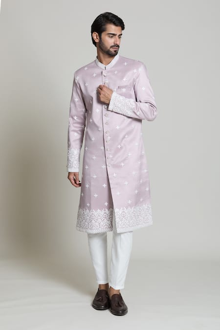Arihant Rai Sinha_White , Satin Sequins, Embroidery Pink Sherwani Set _at_Aza_Fashions