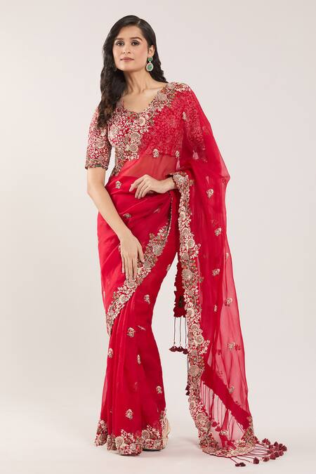 Prisho Red Chiffon, Cotton Embroidery, Beads Round Neck Floral Thread Saree Set at Aza Fashions Prisho_Red Chiffon, Cotton Embroidery, Beads Round Neck Floral Thread Saree Set _at_Aza_Fashions