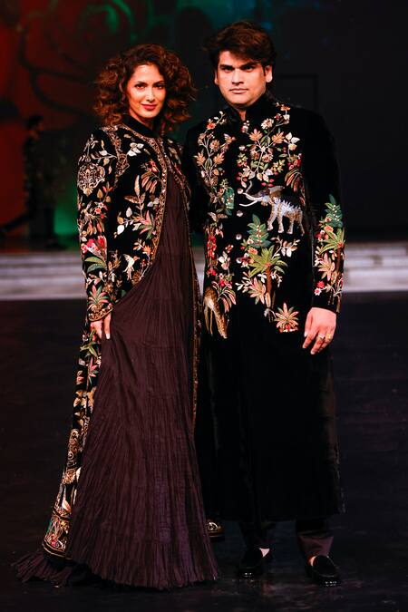 Rohit Bal_Black Silk, Velvet Sequins Wildlife Embroidered Sherwani _Online_at_Aza_Fashions