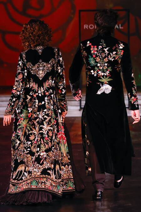 Buy_Rohit Bal_Black Silk, Velvet Sequins Wildlife Embroidered Sherwani _Online_at_Aza_Fashions