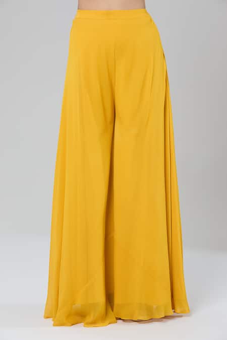 Shop_Kashmiraa_Yellow Silk, Chiffon Zari, Sequins Round Neck Floral Print Kurta Sharara Set 