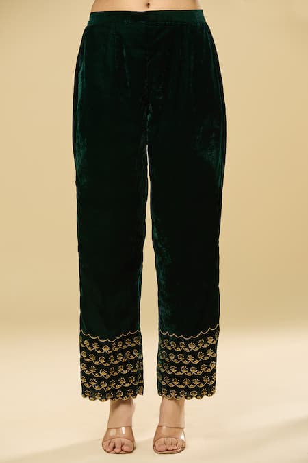 Pouli Pret_Green Velvet, Cotton, Organza Zari, Mirrors, Embroidery Split And Kurta Set _Online_at_Aza_Fashions