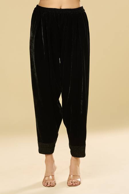 Shop_Pouli Pret_Black Velvet, Cotton Mirrors, Embroidery Bandeau Neck Kurta Set _Online_at_Aza_Fashions