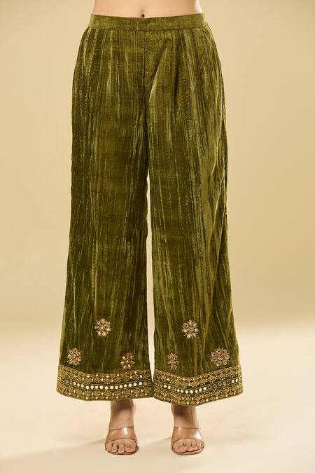 Pouli Pret Green Velvet, Cotton Zari, Mirrors, Embroidery Split V-neck Zardozi Kurta Set Online at Aza Fashions Pouli Pret_Green Velvet, Cotton Zari, Mirrors, Embroidery Split V-neck Zardozi Kurta Set _Online_at_Aza_Fashions