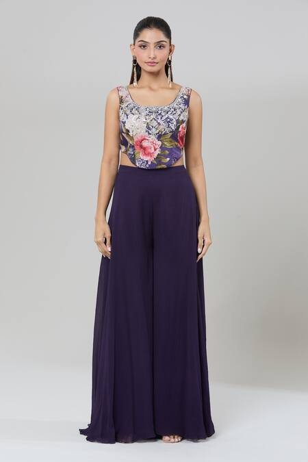 Shop_Kashmiraa_Purple Silk Sequins Round Neck Floral Print Cape And Sharara Set 