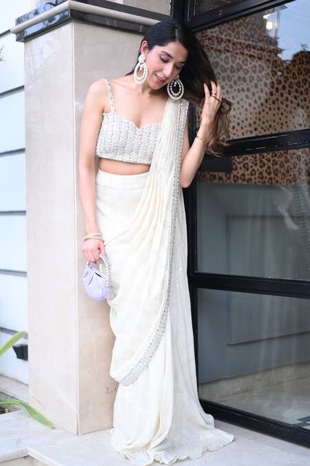 Onaya_Off White Georgette Chikan Embroidery Pre-stitched Saree With Strappy Blouse_at_Aza_Fashions