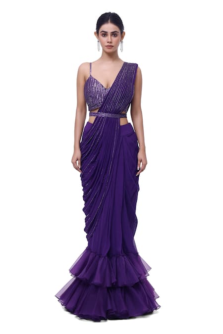 Onaya Purple Georgette Sequins, Cut Embellished Pre-stitched Ruffle Saree With Blouse at Aza Fashions Onaya_Purple Georgette Sequins, Cut Embellished Pre-stitched Ruffle Saree With Blouse _at_Aza_Fashions