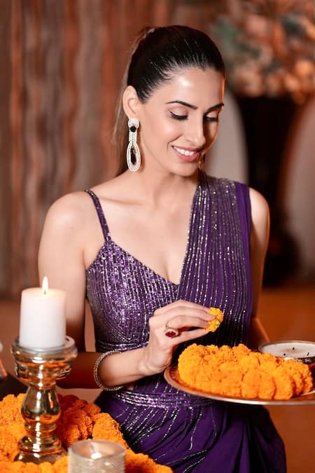 Buy Onaya Purple Georgette Sequins, Cut Embellished Pre-stitched Ruffle Saree With Blouse Buy_Onaya_Purple Georgette Sequins, Cut Embellished Pre-stitched Ruffle Saree With Blouse