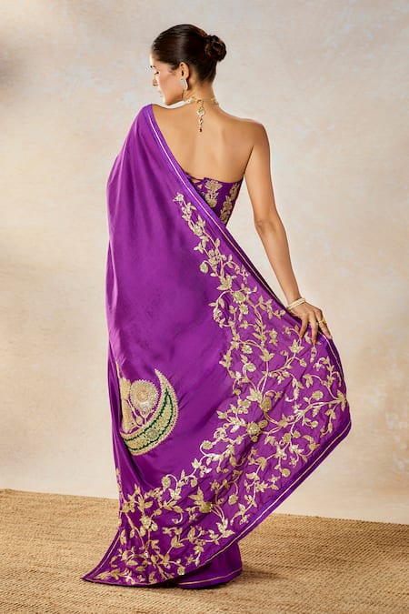 Shop_Masaba_Purple Silk Embroidery, Patchwork, Sequins Square Jamun Fizz Saree With Corset _at_Aza_Fashions