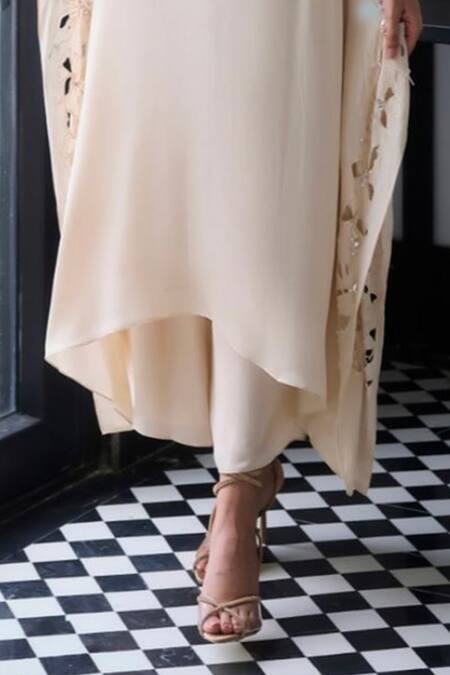 Label Ruhbab_Off White Silk, Viscose Cut Work, Sequins, Cutwork Kaftan With Trouser _Online_at_Aza_Fashions