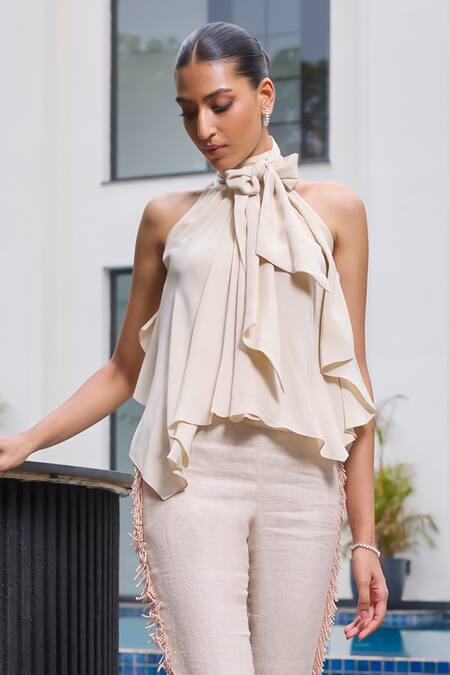Label Ruhbab_Beige Silk, Crepe, Linen Pearls Halter Neck Top And Trouser Set _Online_at_Aza_Fashions