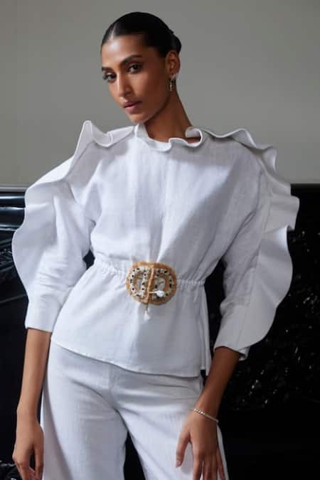 Label Ruhbab_White Linen Crystals, Applique Round Neck Embellished Ruffle Top And Trouser Set _Online_at_Aza_Fashions