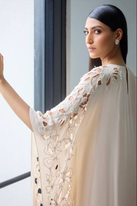 Buy_Label Ruhbab_Off White Silk, Viscose Cut Work, Sequins, Cutwork Kaftan With Trouser _Online_at_Aza_Fashions