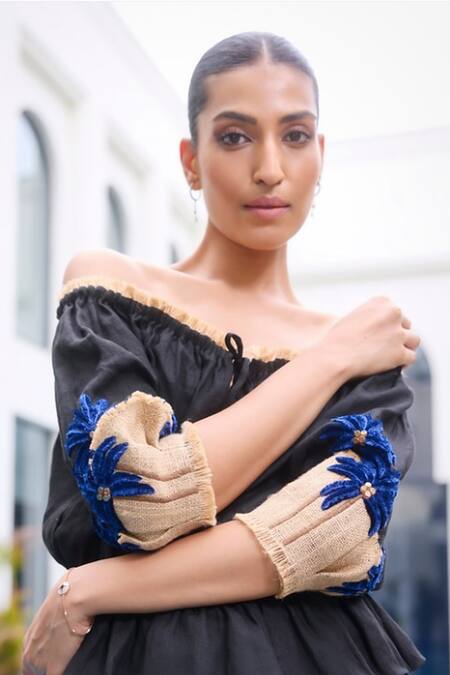 Buy_Label Ruhbab_Black Linen Crystals, Embroidery Off-shoulder Off Top And Trouser Set _Online_at_Aza_Fashions