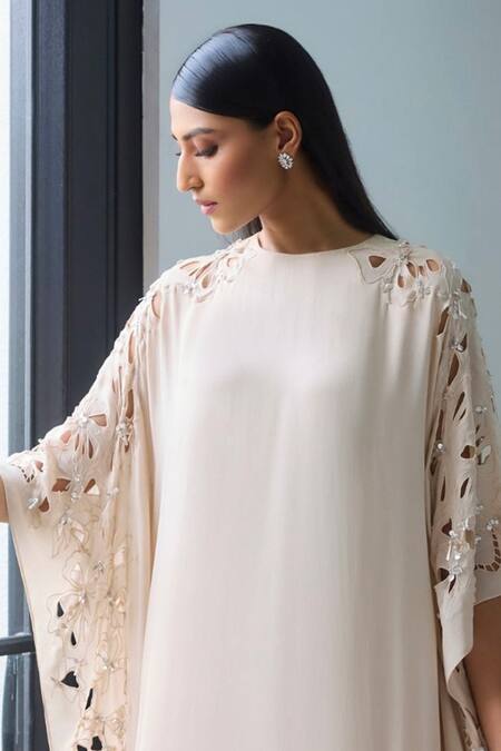Shop_Label Ruhbab_Off White Silk, Viscose Cut Work, Sequins, Cutwork Kaftan With Trouser _Online_at_Aza_Fashions