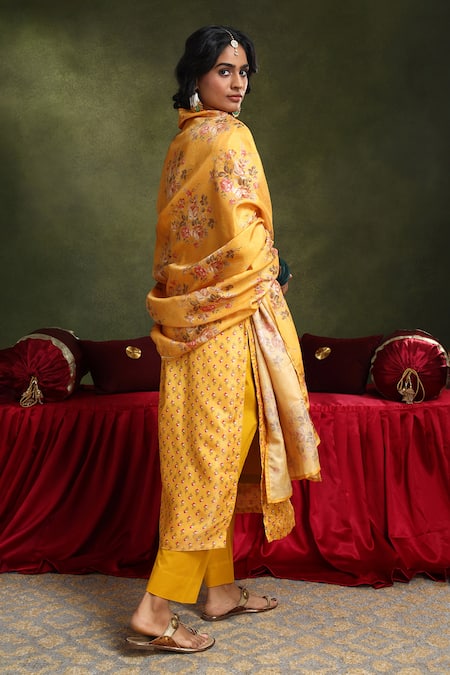 Shop Karaj Jaipur Yellow Chanderi, Cotton Gota Patti, Blossom Motif Print Kurta Pant Set at Aza Fashions Shop_Karaj Jaipur_Yellow Chanderi, Cotton Gota Patti, Blossom Motif Print Kurta Pant Set _at_Aza_Fashions