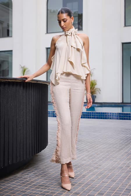 Label Ruhbab Halter Neck Top With Linen Embellished Slit Trouser 