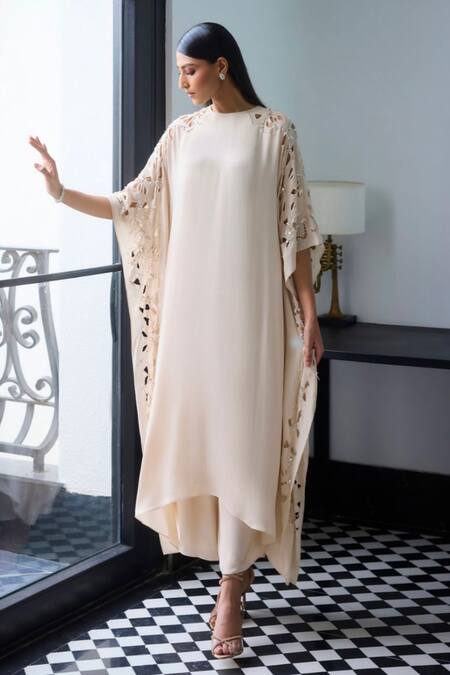 Label Ruhbab_Off White Silk, Viscose Cut Work, Sequins, Cutwork Kaftan With Trouser _at_Aza_Fashions
