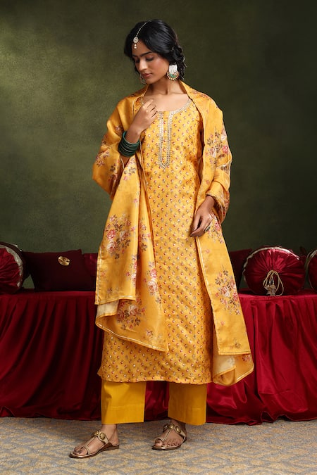 Buy Karaj Jaipur Yellow Chanderi, Cotton Gota Patti, Blossom Motif Print Kurta Pant Set Online at Aza Fashions Buy_Karaj Jaipur_Yellow Chanderi, Cotton Gota Patti, Blossom Motif Print Kurta Pant Set _Online_at_Aza_Fashions