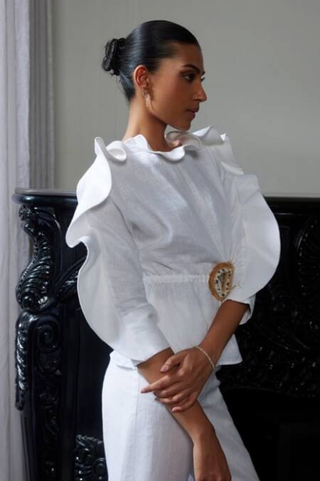 Shop_Label Ruhbab_White Linen Crystals, Applique Round Neck Embellished Ruffle Top And Trouser Set _Online_at_Aza_Fashions