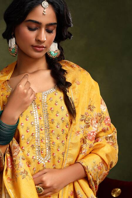 Karaj Jaipur Yellow Chanderi, Cotton Gota Patti, Blossom Motif Print Kurta Pant Set at Aza Fashions Karaj Jaipur_Yellow Chanderi, Cotton Gota Patti, Blossom Motif Print Kurta Pant Set _at_Aza_Fashions