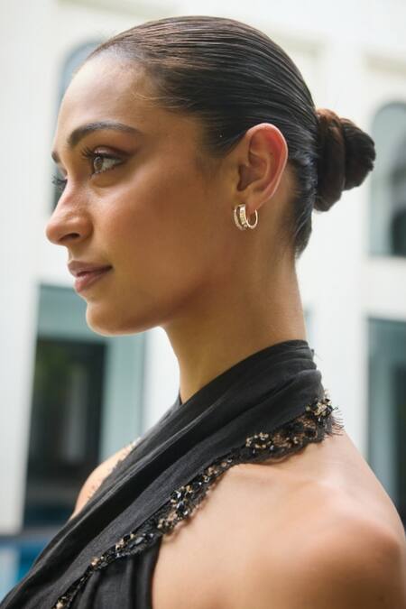 Label Ruhbab_Black Linen Sequins Halter Neck Top And Trouser Set _Online_at_Aza_Fashions