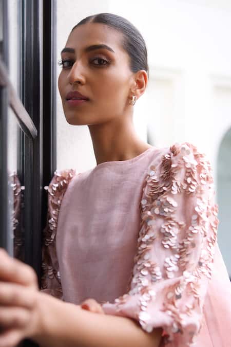 Label Ruhbab_Pink Linen, Viscose Sequins Round Neck Sleeve Top With Inner Dress _Online_at_Aza_Fashions