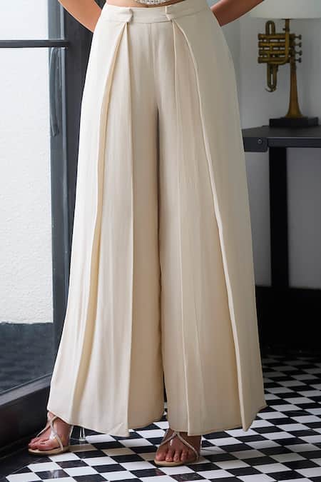 Label Ruhbab_Off White Silk, Viscose Sequins Square 3d Embellished Corset And Draped Trouser _Online_at_Aza_Fashions