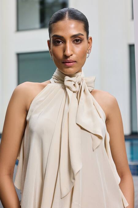 Label Ruhbab_Beige Silk, Viscose Bows Halter Neck Draped Top _Online_at_Aza_Fashions