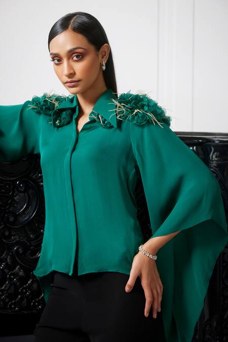 Label Ruhbab_Emerald Green Silk, Viscose Crystals, Feathers Shawl 3d Embroidered Draped Shirt _Online_at_Aza_Fashions