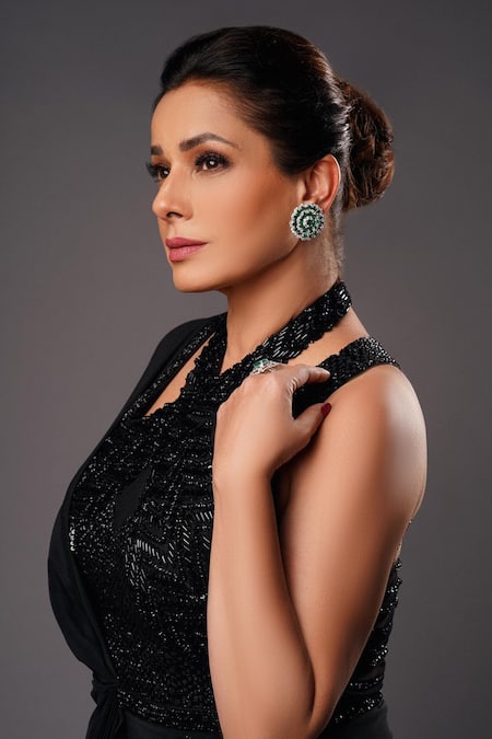 Babita Malkani_Black Silk, Crepe Crystals, Sequins Halter Neck Draped Saree Gown _Online_at_Aza_Fashions