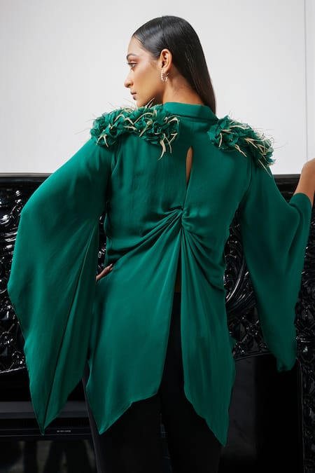 Label Ruhbab Emerald Green 3D Embroidered Draped Shirt 