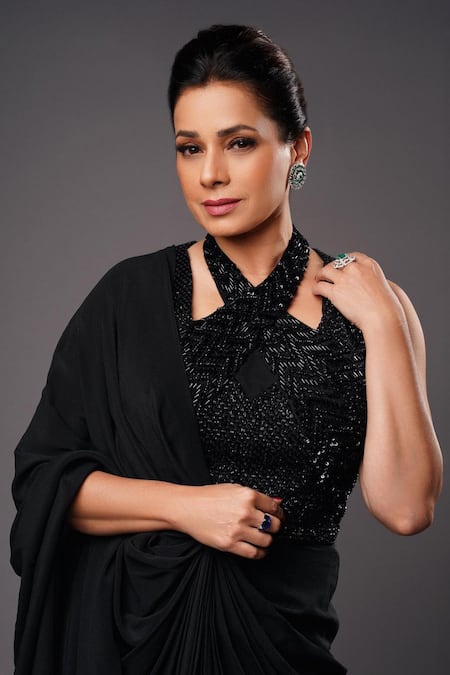 Shop_Babita Malkani_Black Silk, Crepe Crystals, Sequins Halter Neck Draped Saree Gown _at_Aza_Fashions