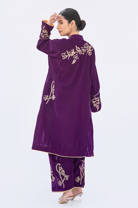 Shop Daljit Sudan Purple Velvet Embroidery Mandarin Collar Floral Vine Phiran Kurta Set at Aza Fashions Shop_Daljit Sudan_Purple Velvet Embroidery Mandarin Collar Floral Vine Phiran Kurta Set _at_Aza_Fashions