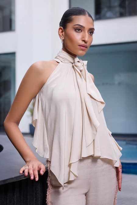 Label Ruhbab Beige Draped Halter Top 
