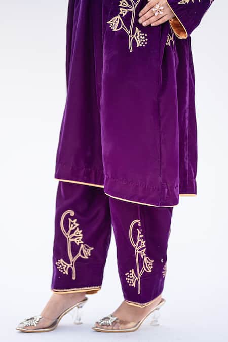 Buy Daljit Sudan Purple Velvet Embroidery Mandarin Collar Floral Vine Phiran Kurta Set Online at Aza Fashions Buy_Daljit Sudan_Purple Velvet Embroidery Mandarin Collar Floral Vine Phiran Kurta Set _Online_at_Aza_Fashions