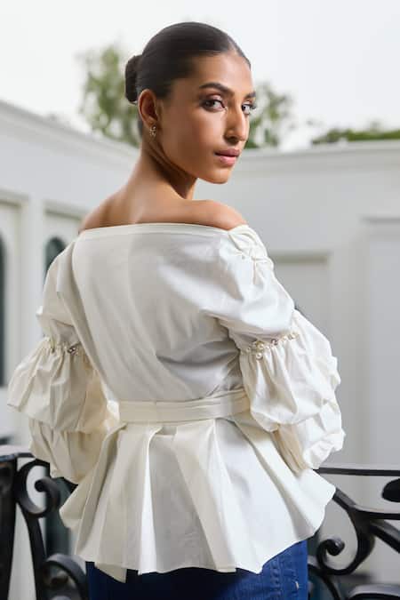 Label Ruhbab Off Shoulder Pearl Embellished Top 