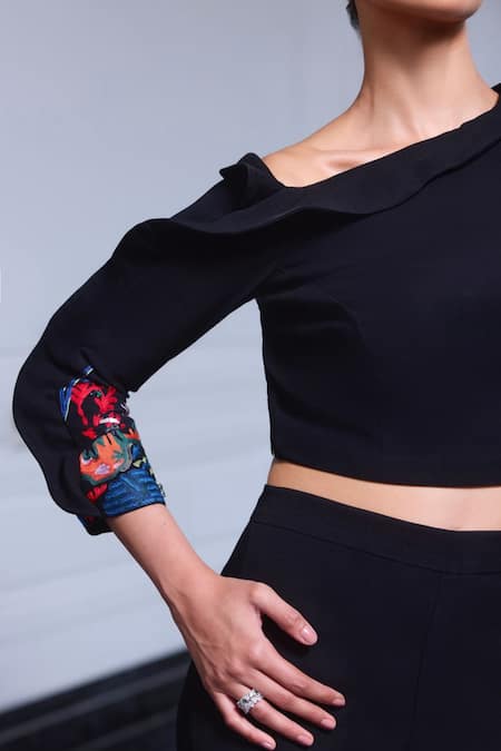 Label Ruhbab_Black Microfiber Embroidery Off-shoulder Coral Reef Crop Top And Trouser Set _Online_at_Aza_Fashions