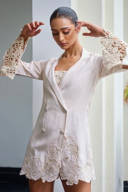 Label Ruhbab_Beige Linen, Viscose Lace, Applique Collared Blazer Dress _Online_at_Aza_Fashions