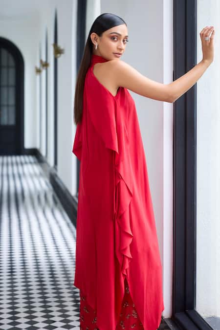 Label Ruhbab_Red Silk, Viscose Sequins Collared Asymmetric Kurta And 3d Work Trouser _Online_at_Aza_Fashions