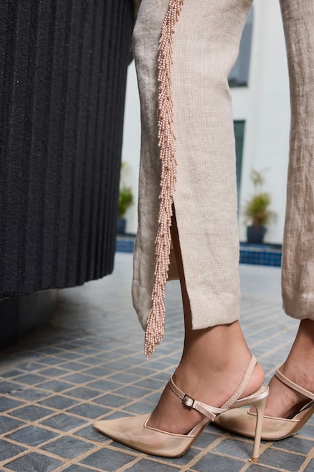 Label Ruhbab_Beige Linen Pearls Embellished Slit Trouser _Online_at_Aza_Fashions