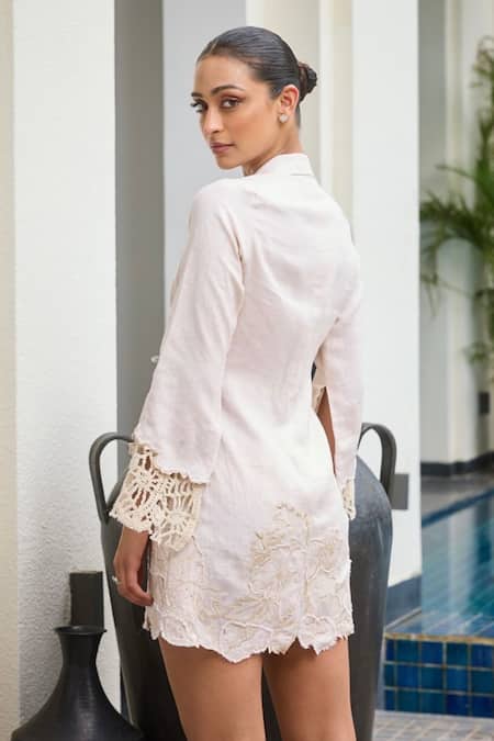 Label Ruhbab Beige Lace Applique Blazer Dress 