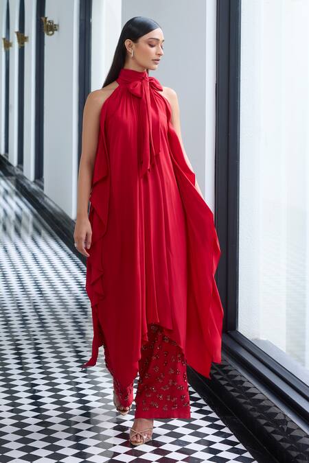 Buy_Label Ruhbab_Red Silk, Viscose Sequins Collared Asymmetric Kurta And 3d Work Trouser _Online_at_Aza_Fashions