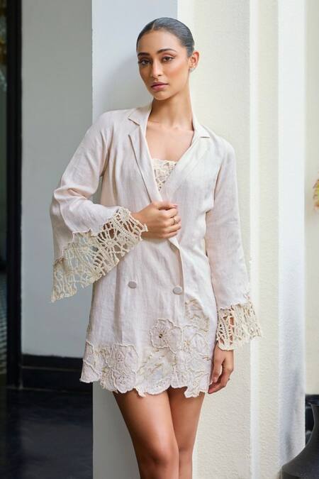 Shop_Label Ruhbab_Beige Linen, Viscose Lace, Applique Collared Blazer Dress _Online_at_Aza_Fashions