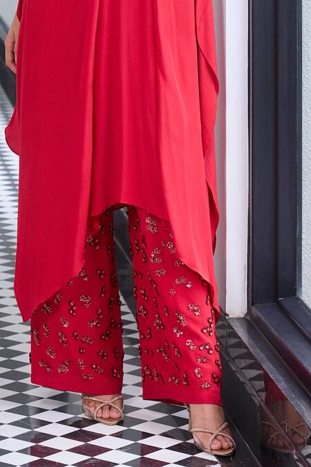Shop_Label Ruhbab_Red Silk, Viscose Sequins Collared Asymmetric Kurta And 3d Work Trouser _Online_at_Aza_Fashions