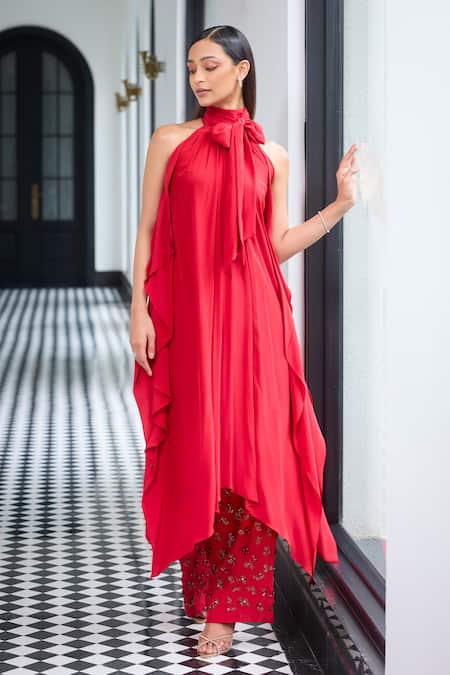 Label Ruhbab_Red Silk, Viscose Sequins Collared Asymmetric Kurta And 3d Work Trouser _at_Aza_Fashions
