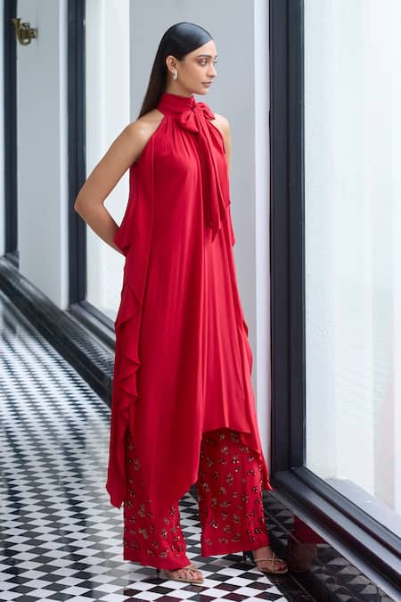 Buy_Label Ruhbab_Red Silk, Viscose Sequins Collared Asymmetric Kurta And 3d Work Trouser 
