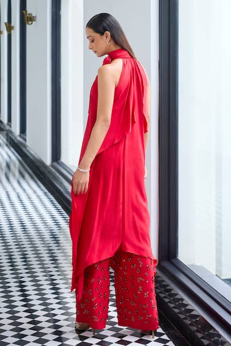 Label Ruhbab Red Asymmetric Kurta & 3D Work Trouser 